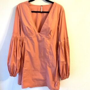 Free People Cotton Mini Dress Gathered Sleeves Tassel Ties Boho Orange Size LG